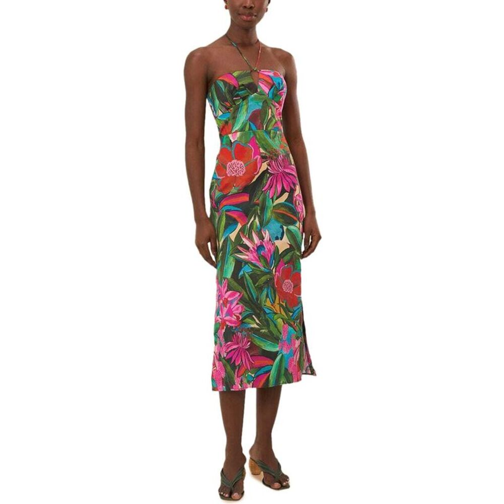 FARM Rio Green and Pink Floral Midi Dress